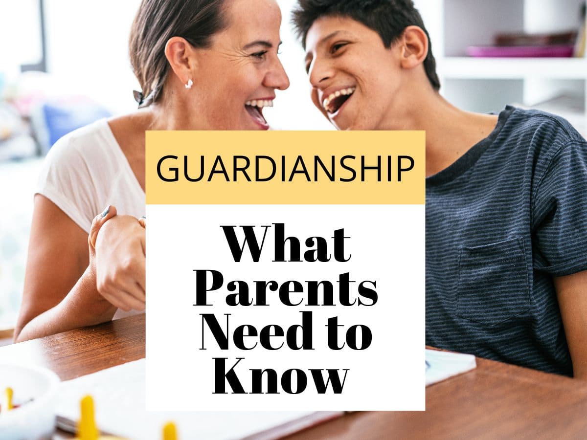 Mother and son with a disability laughing together at a table with a box on top that says Guardianship What parents need to know